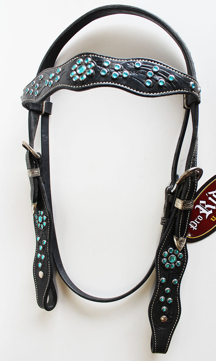 Horse Show Tack Bridle Western Leather Headstall Black Turquoise Bling