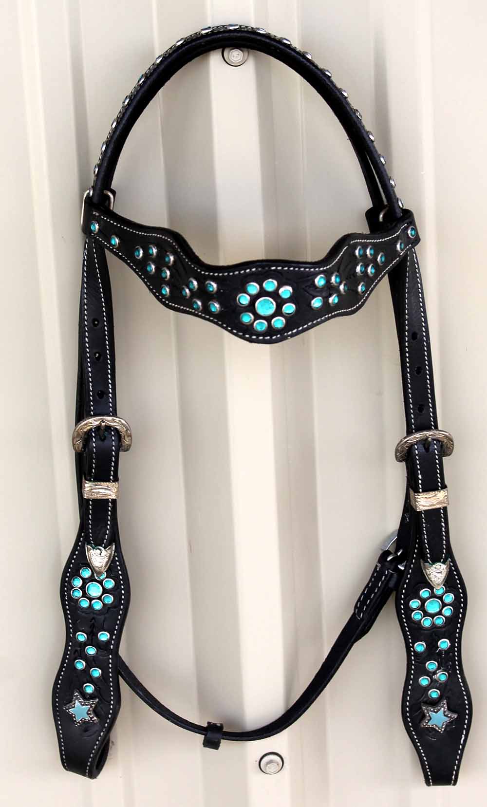 Horse Show Tack Bridle Western Leather Headstall Black Turquoise Bling ...