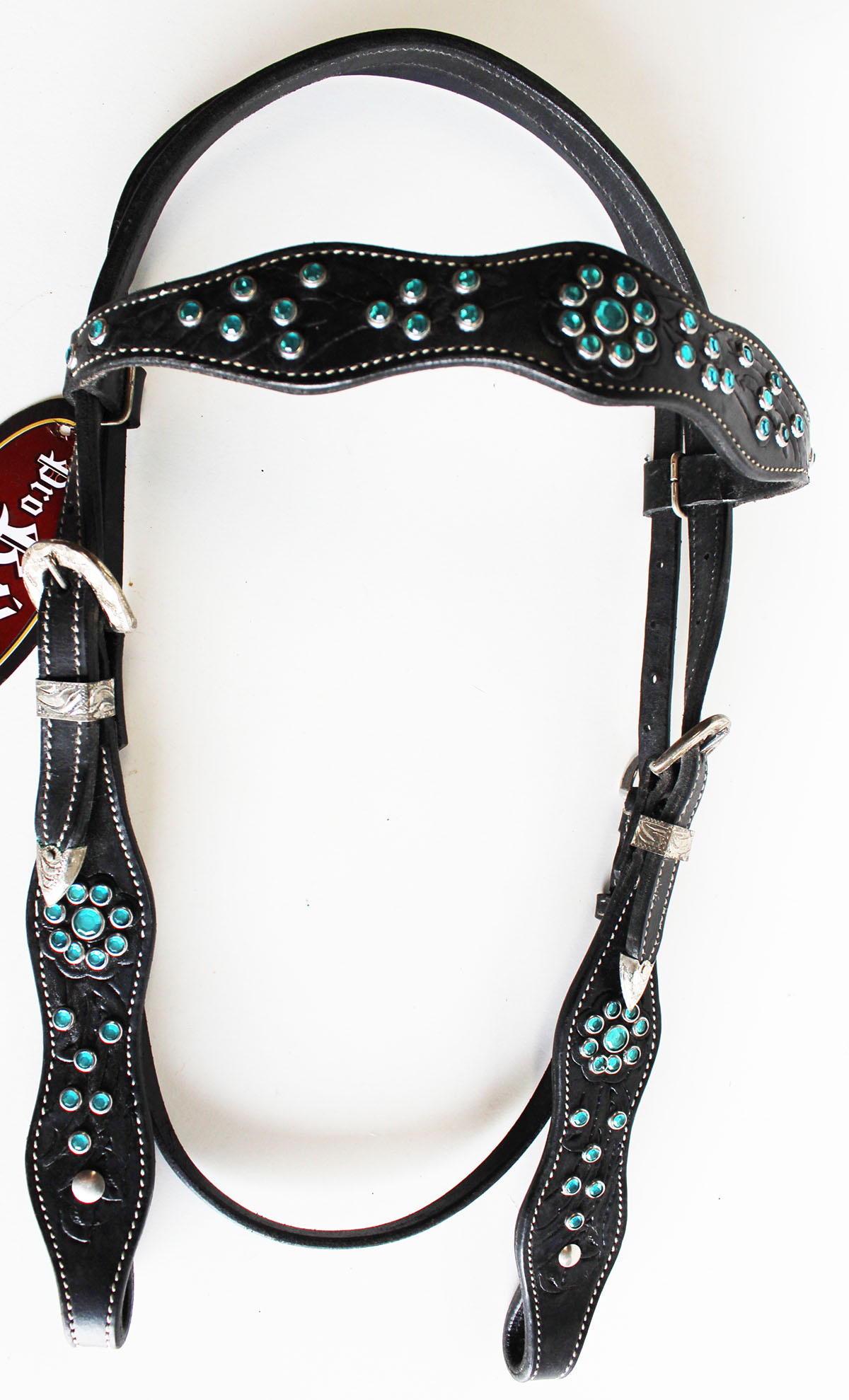 Horse Show Tack Bridle Western Leather Headstall Black Turquoise Bling