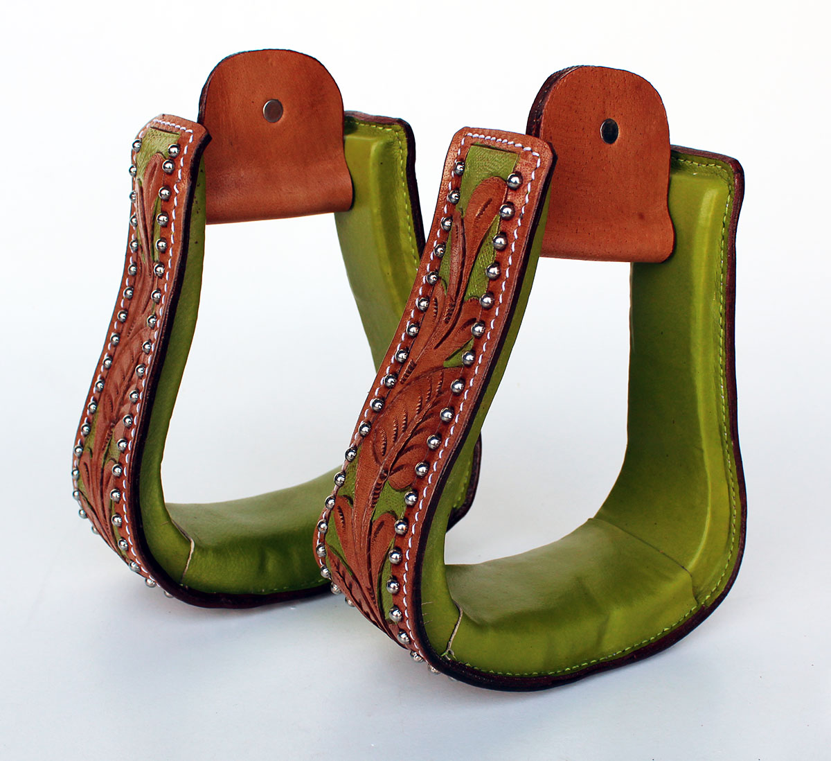 Western Show Horse Saddle Stirrups Green Carving Tan Leather 5108 eBay