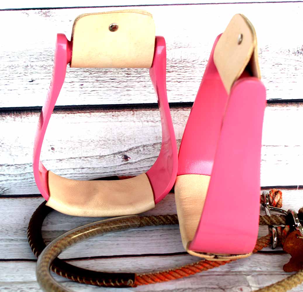 Western Horse Show Saddle Stirrups Pink Aluminum Leather Tread Rodeo Tack 5171