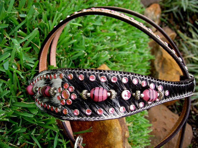 HORSE BRIDLE WESTERN LEATHER HEADSTALL HAIR ON PINK BLING TACK RODEO 