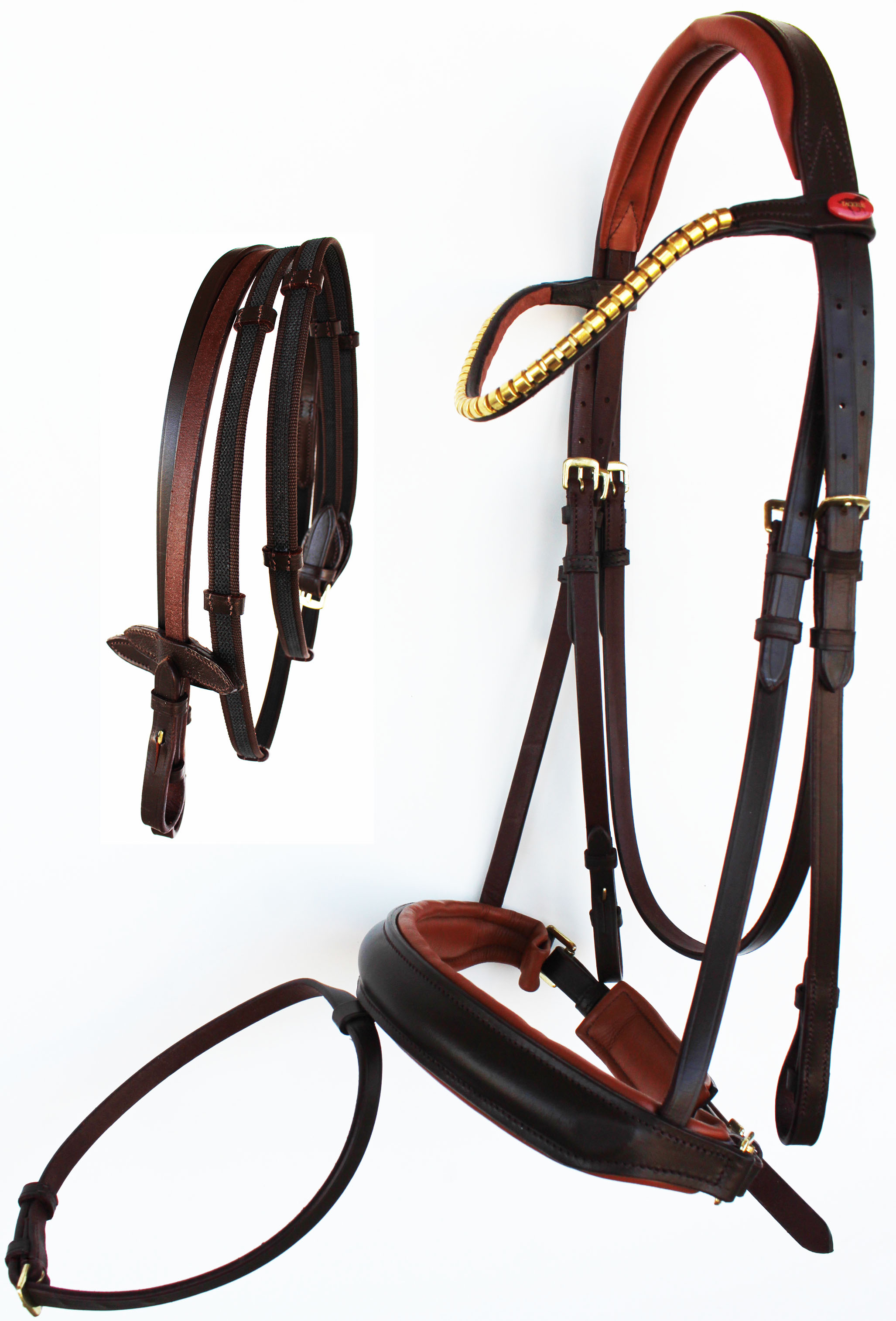 Leather Flash Bridle with Reins and Bit Brown Full 