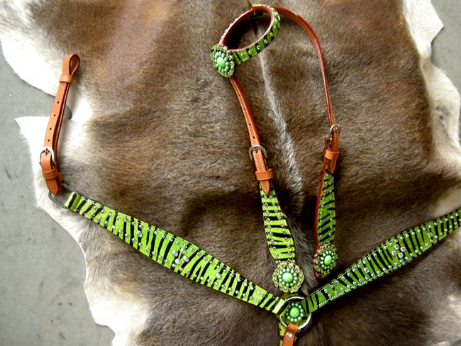 Horse Bridle Western Leather Headstall Breastcollar Lime Green Zebra