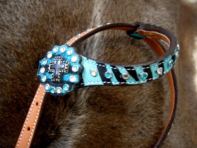 BRIDLE WESTERN LEATHER HEADSTALL BREASTCOLLAR TACK SET TURQUOISE ZEBRA 