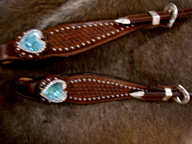 HORSE BRIDLE WESTERN LEATHER HEADSTALL TURQUOISE HEART BARREL BROWN 