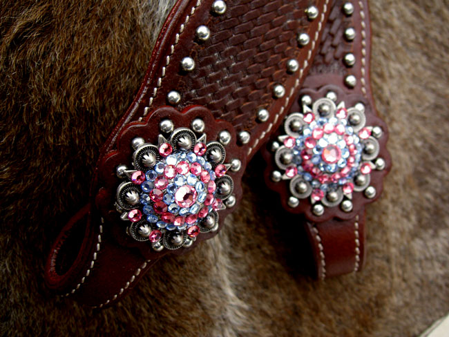 BRIDLE WESTERN LEATHER HEADSTALL PINK AQUA CONCHOS BARREL BROWN TACK 