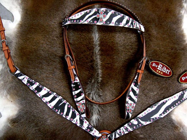 HORSE BRIDLE WESTERN LEATHER HEADSTALL BREASTCOLLAR TACK ZEBRA CROSS 