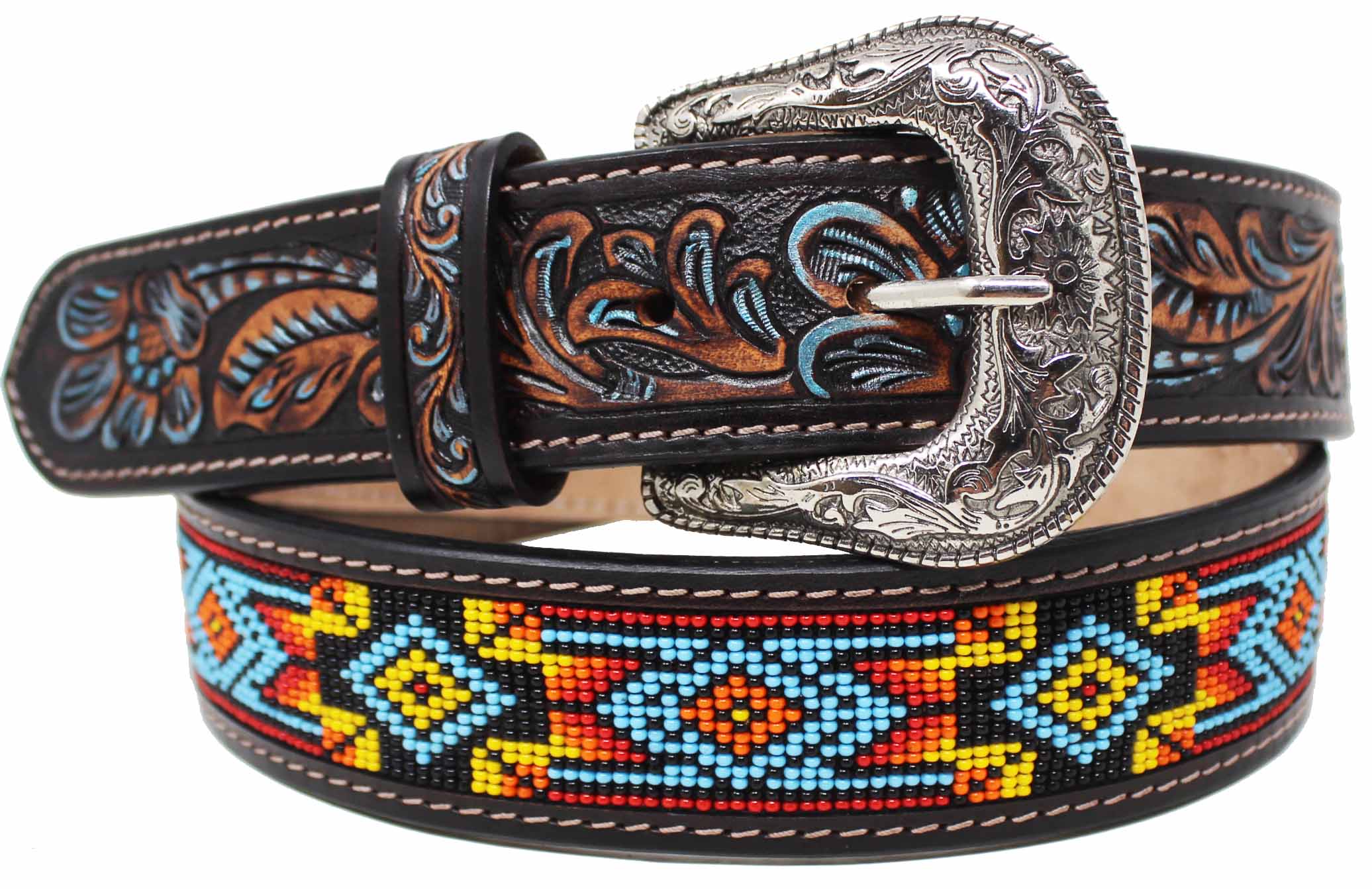 Western Antique Floral Tooled Beaded Full-Grain Leather Belt 26FK31TR