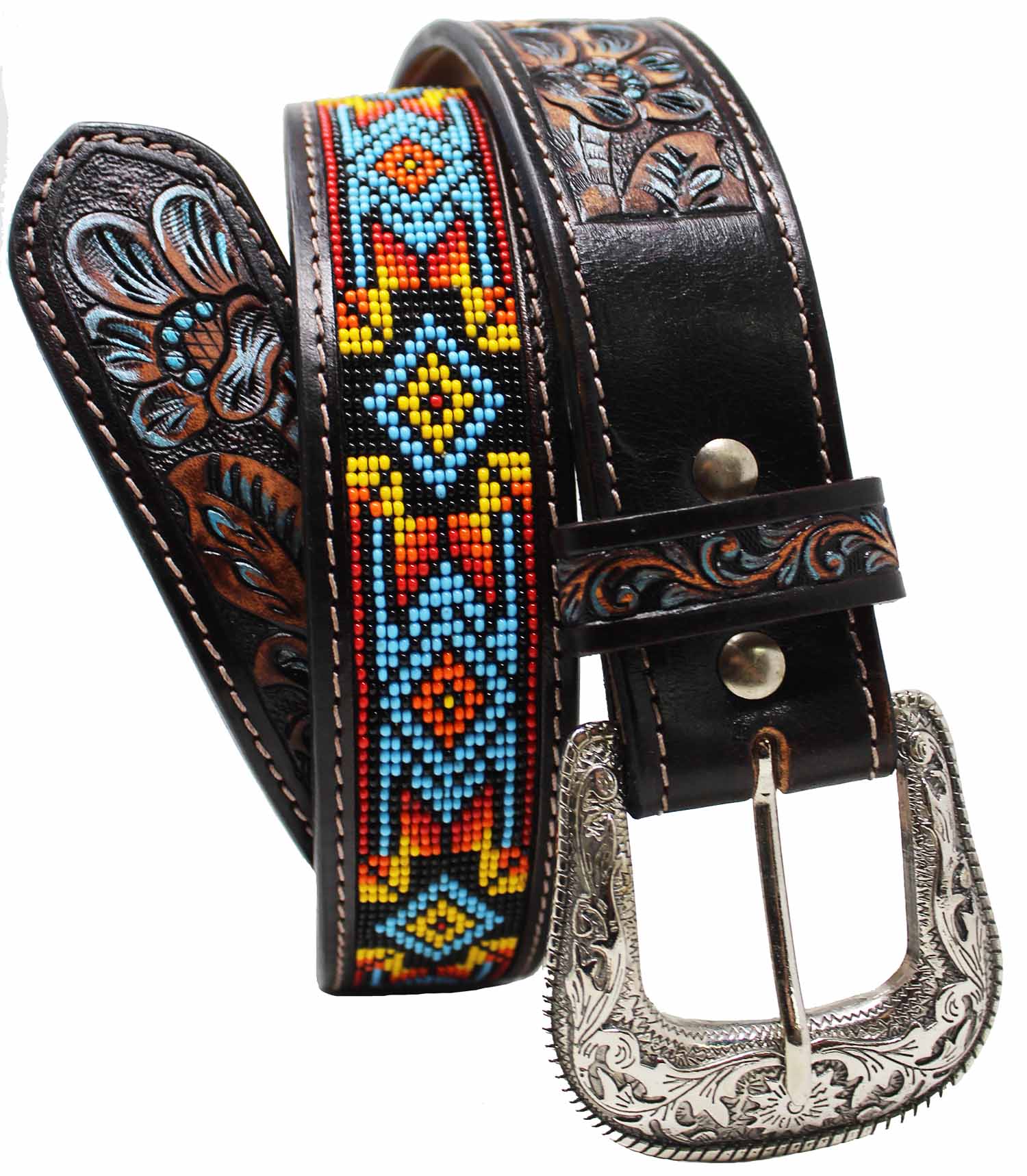 Western Antique Floral Tooled Beaded Full-Grain Leather Belt 26FK31TR