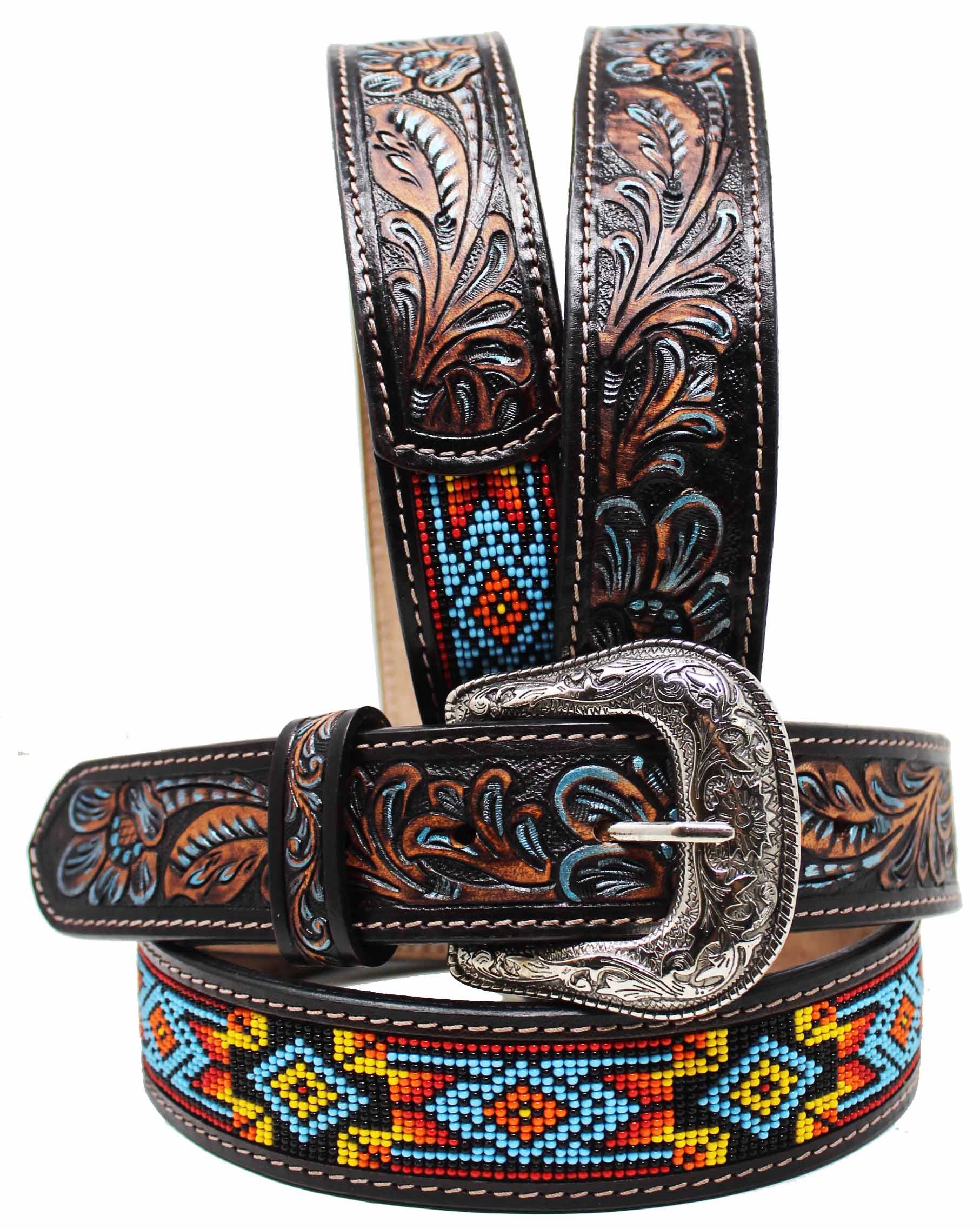 Western Antique Floral Tooled Beaded Full-Grain Leather Belt 26FK31TR