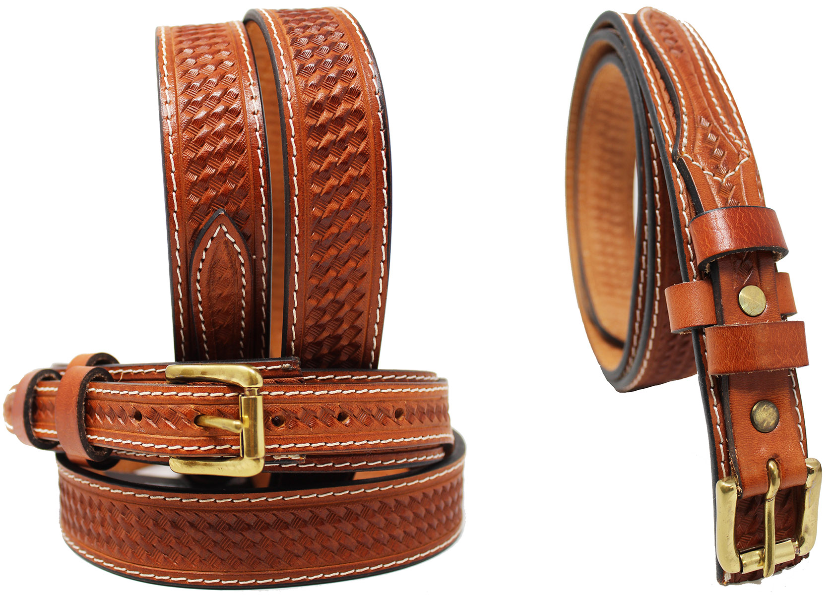 Basketweave Floral Tooled Engraved Genuine Full Grain Leather Ranger Belt Assembled in the U.S Western Pattern 