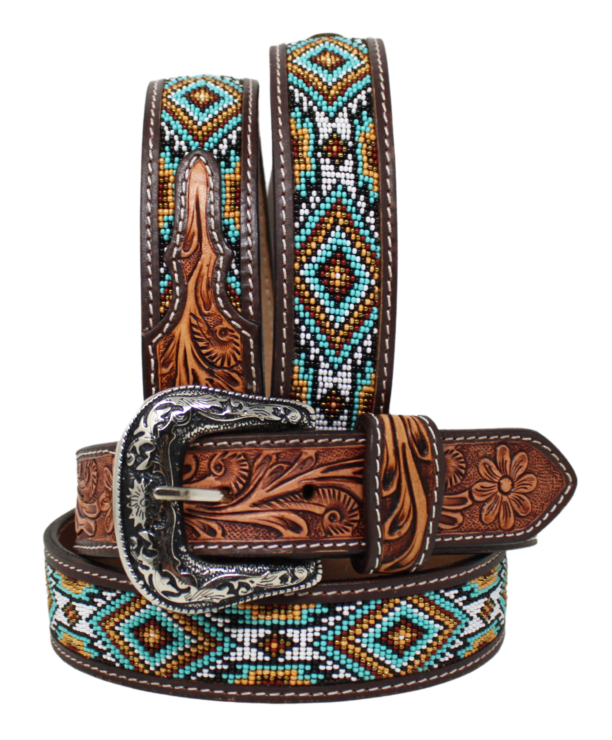 Western 1-1/2" Floral Tooled Gator Inlay Full-Grain Tan Leather Belt 26RS24