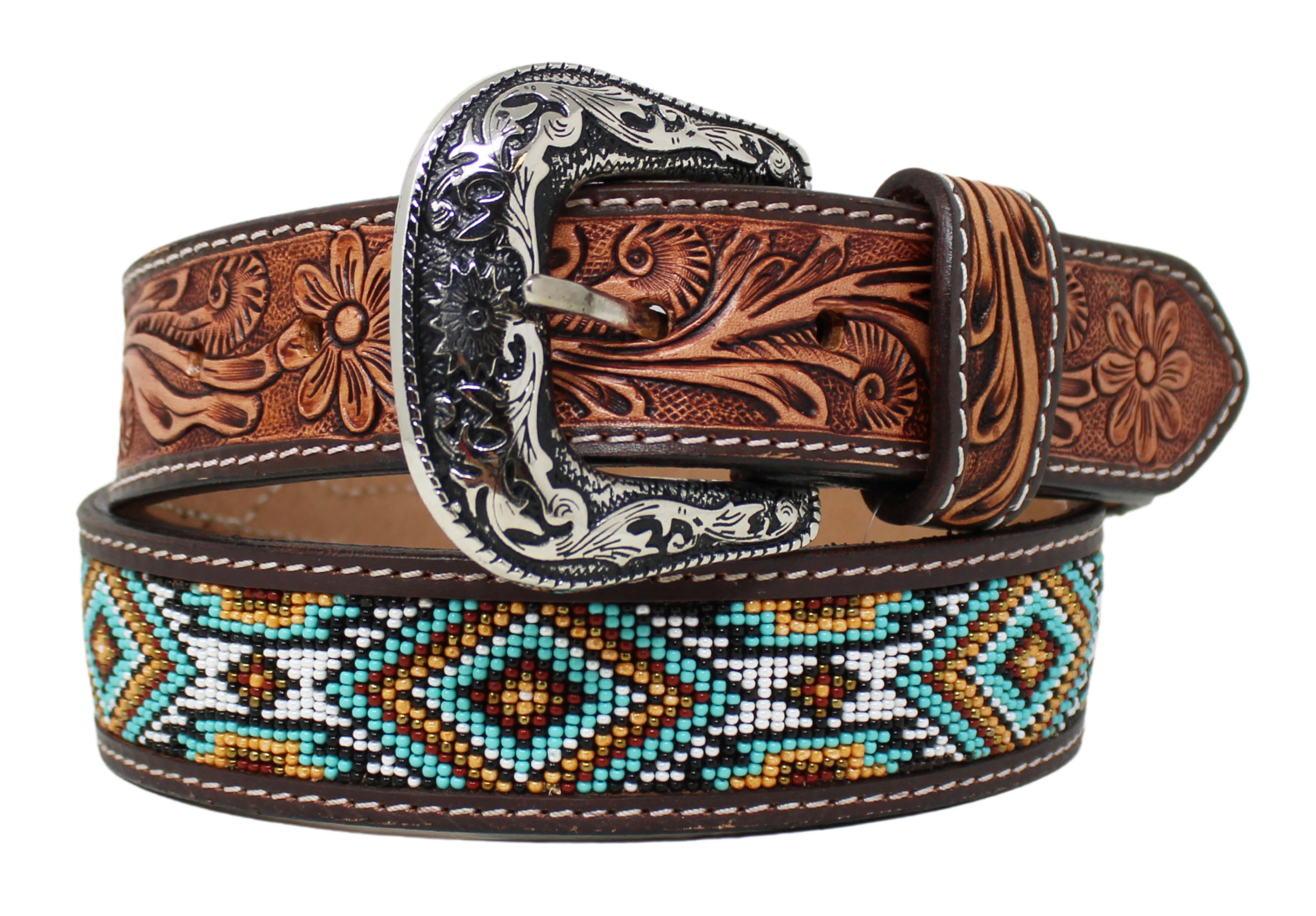 Western 1-1/2" Floral Tooled Gator Inlay Full-Grain Tan Leather Belt 26RS24