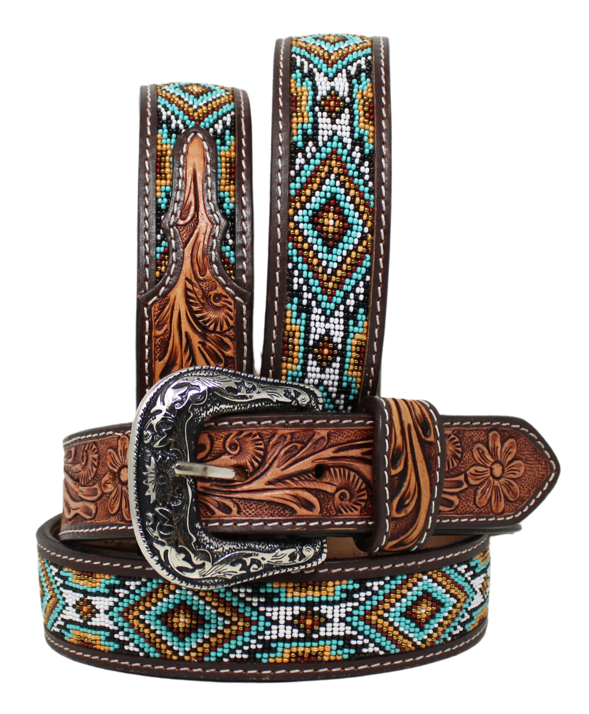 Western 1-1/2" Floral Tooled Gator Inlay Full-Grain Tan Leather Belt 26RS24