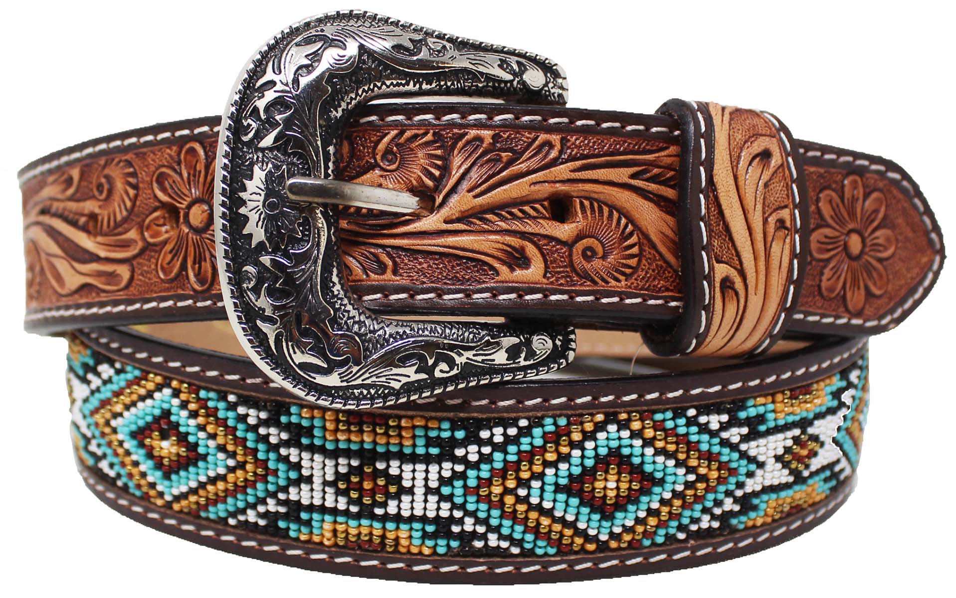 Western 1-1/2" Floral Tooled Gator Inlay Full-Grain Tan Leather Belt 26RS24