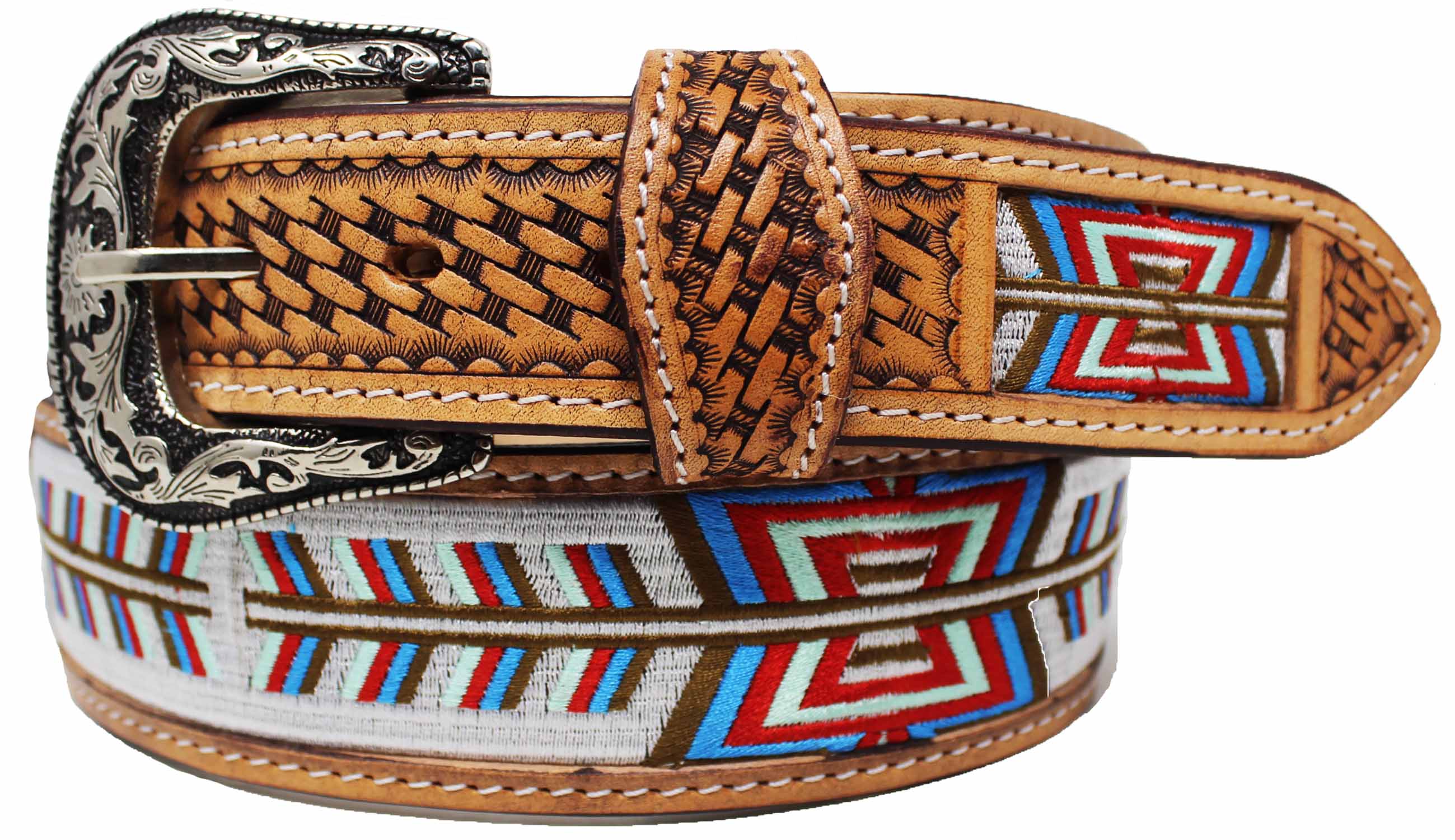 Western 1-3/4" Tapered Embroidered Basket Weave Tooled Leather Belt 26RT88