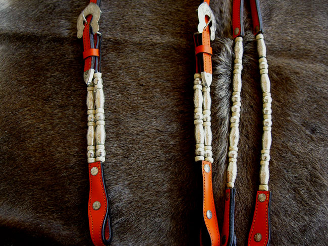 HORSE BRIDLE WESTERN LEATHER HEADSTALL REINS ORANGE SILVER FERRULES 