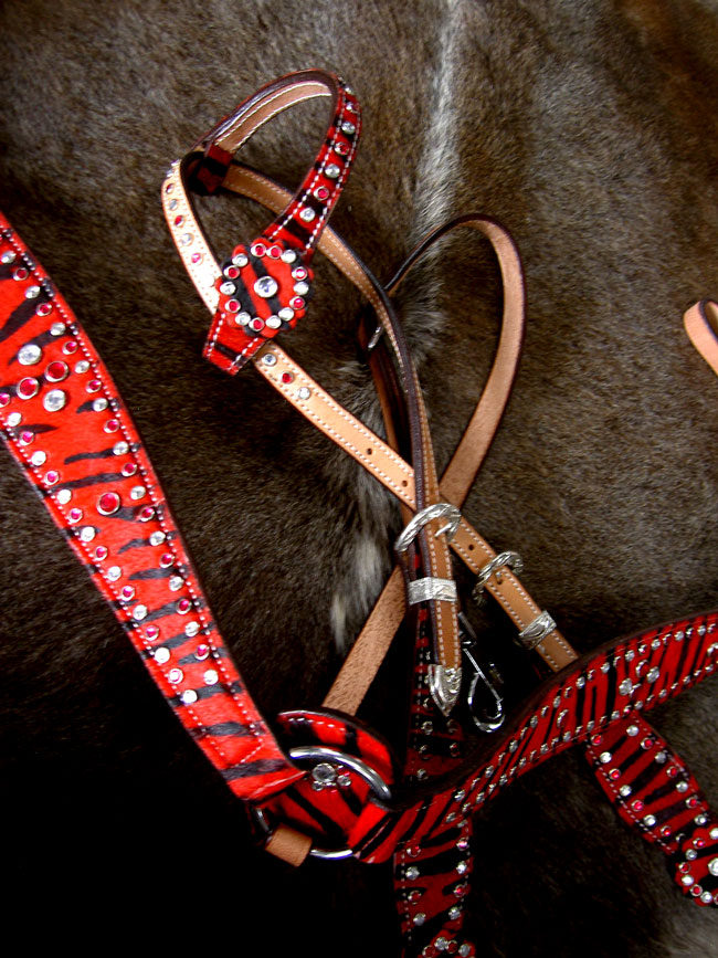 HORSE BRIDLE BREAST COLLAR WESTERN LEATHER HEADSTALL RED ZEBRA BLING 