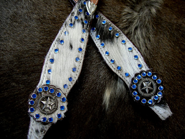 BRIDLE WESTERN LEATHER HEADSTALL HAIR BLUE STAR BLING  