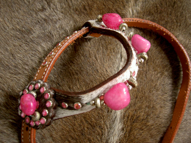 HORSE BRIDLE WESTERN LEATHER HEADSTALL TACK PINK STONES BLING HAIR ON 