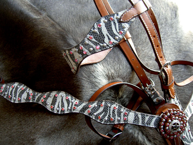 BRIDLE WESTERN LEATHER HEADSTALL BREASTCOLLAR ZEBRA SET  