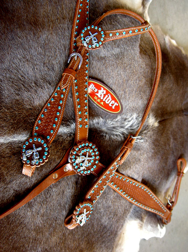 BROWN HORSE BRIDLE BREAST COLLAR WESTERN LEATHER HEADSTALL TURQUOISE 