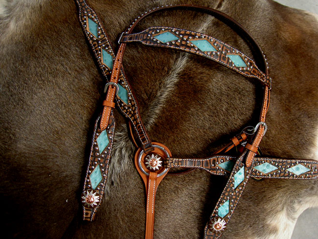 BROWN HORSE BRIDLE BREAST COLLAR WESTERN LEATHER HEADSTALL TURQUOISE 