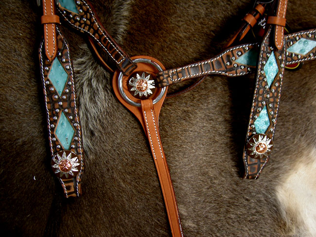 BROWN HORSE BRIDLE BREAST COLLAR WESTERN LEATHER HEADSTALL TURQUOISE 