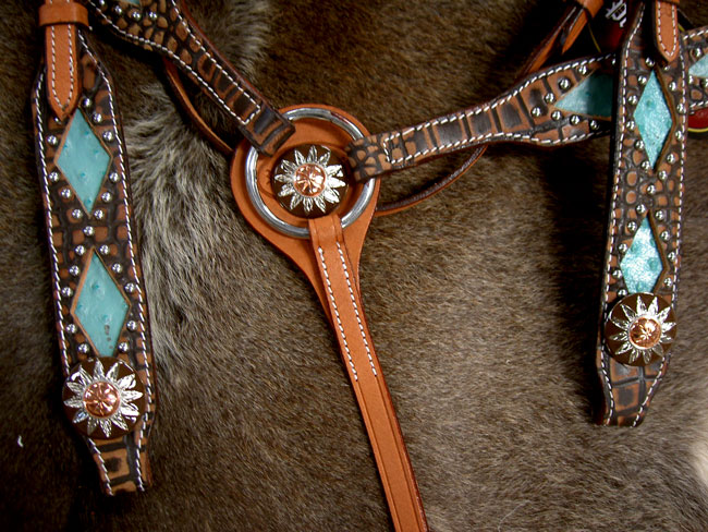 BROWN HORSE BRIDLE BREAST COLLAR WESTERN LEATHER HEADSTALL TURQUOISE 