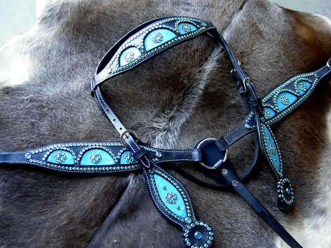 HORSE BRIDLE WESTERN LEATHER HEADSTALL BREAST COLLAR TURQUOISE BLING 