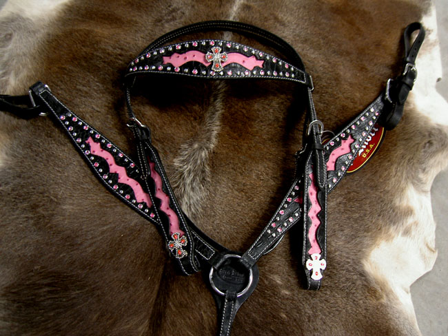 HORSE BRIDLE WESTERN LEATHER HEADSTALL BREAST COLLAR PINK SET RODEO 