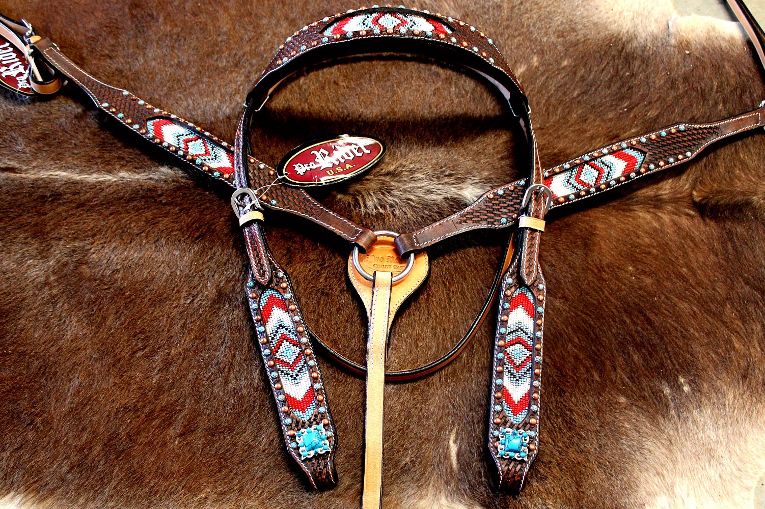 Horse Bridle Western Leather Headstall Breast Collar Tack Beaded 7978B ...