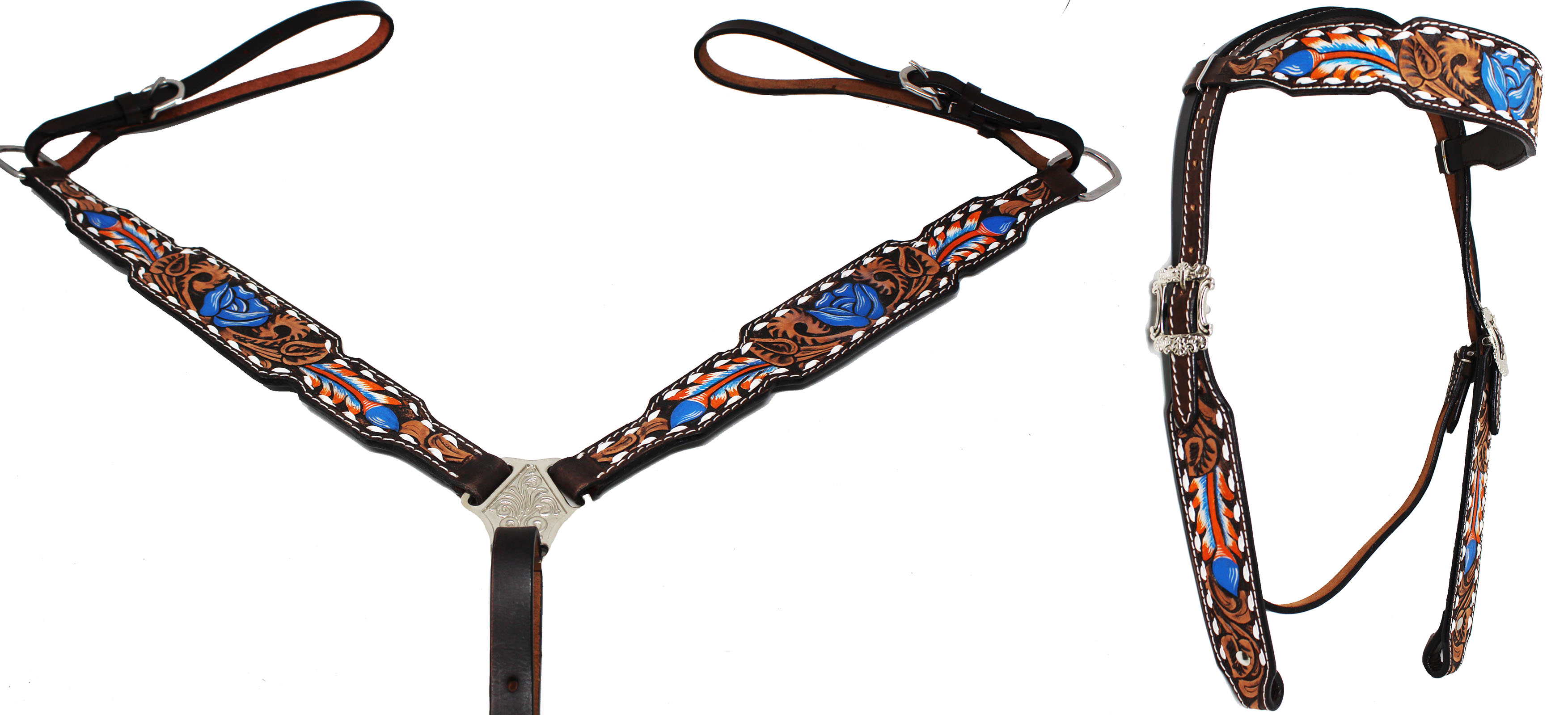 Horse Western Floral Tooled Browband Bridle & Breast Collar Tack Set 78HR43B