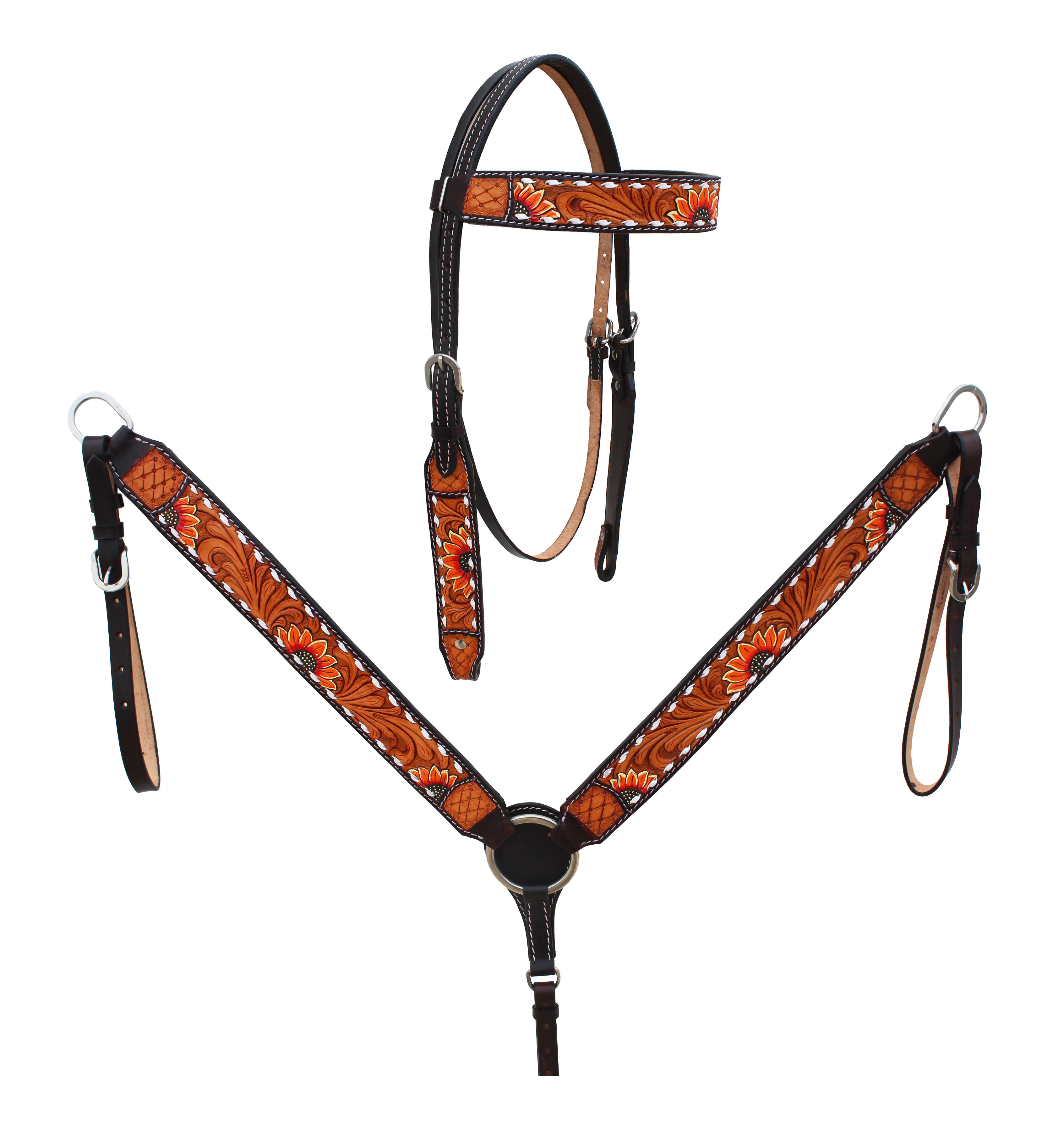 Horse Western Leather Tooled Headstall Bridle Breast Collar Tack Set 78HR