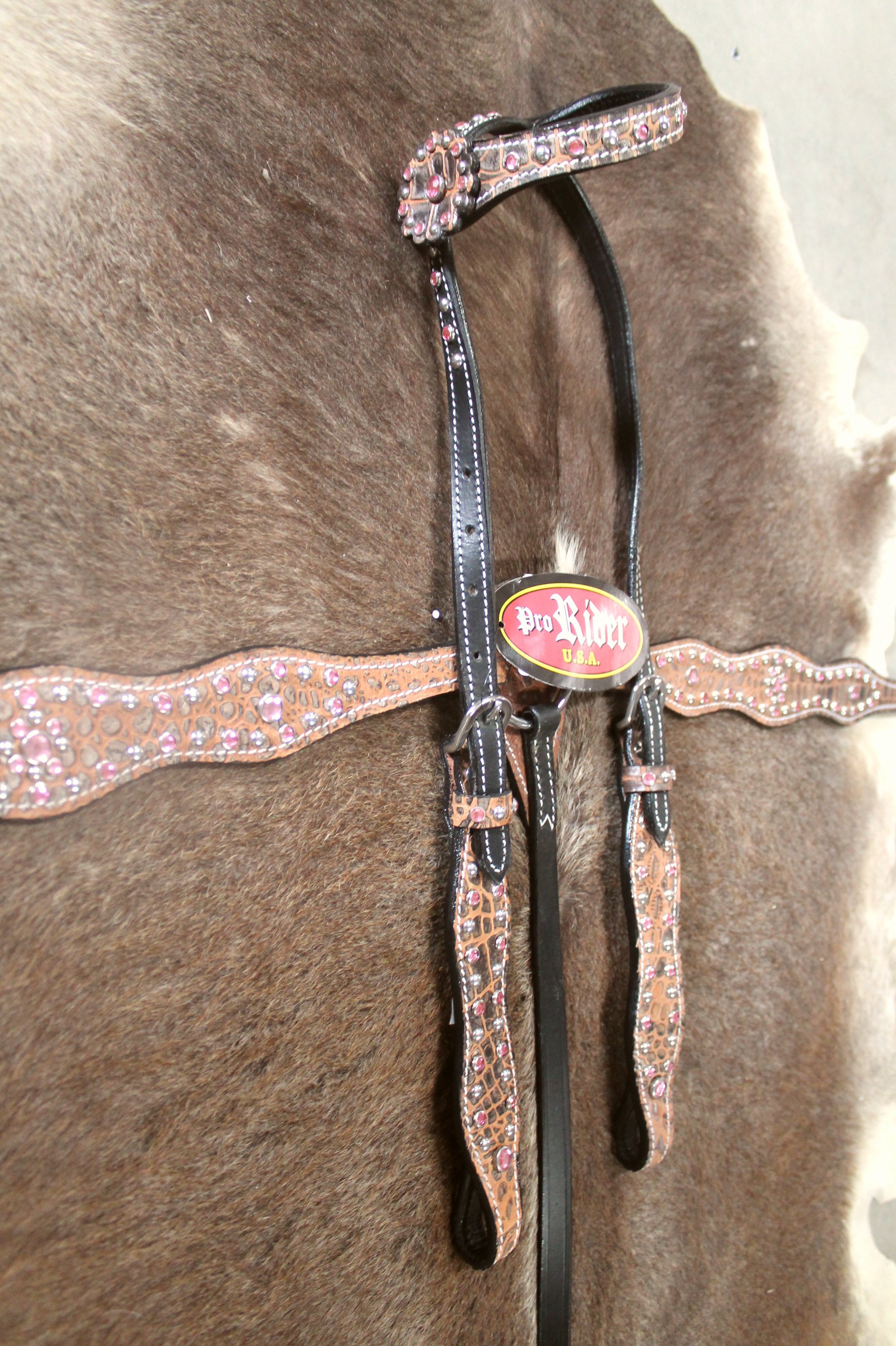 Western Set Of Pink Headstall/Breast Collar & Reins with Silver Spots and Concho 