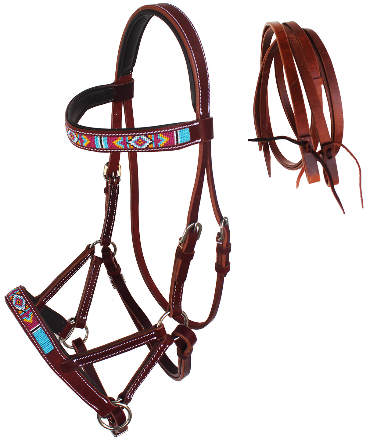 Horse Western Leather Beaded Bitless Sidepull Bridle Reins 77RS15MG-F ...