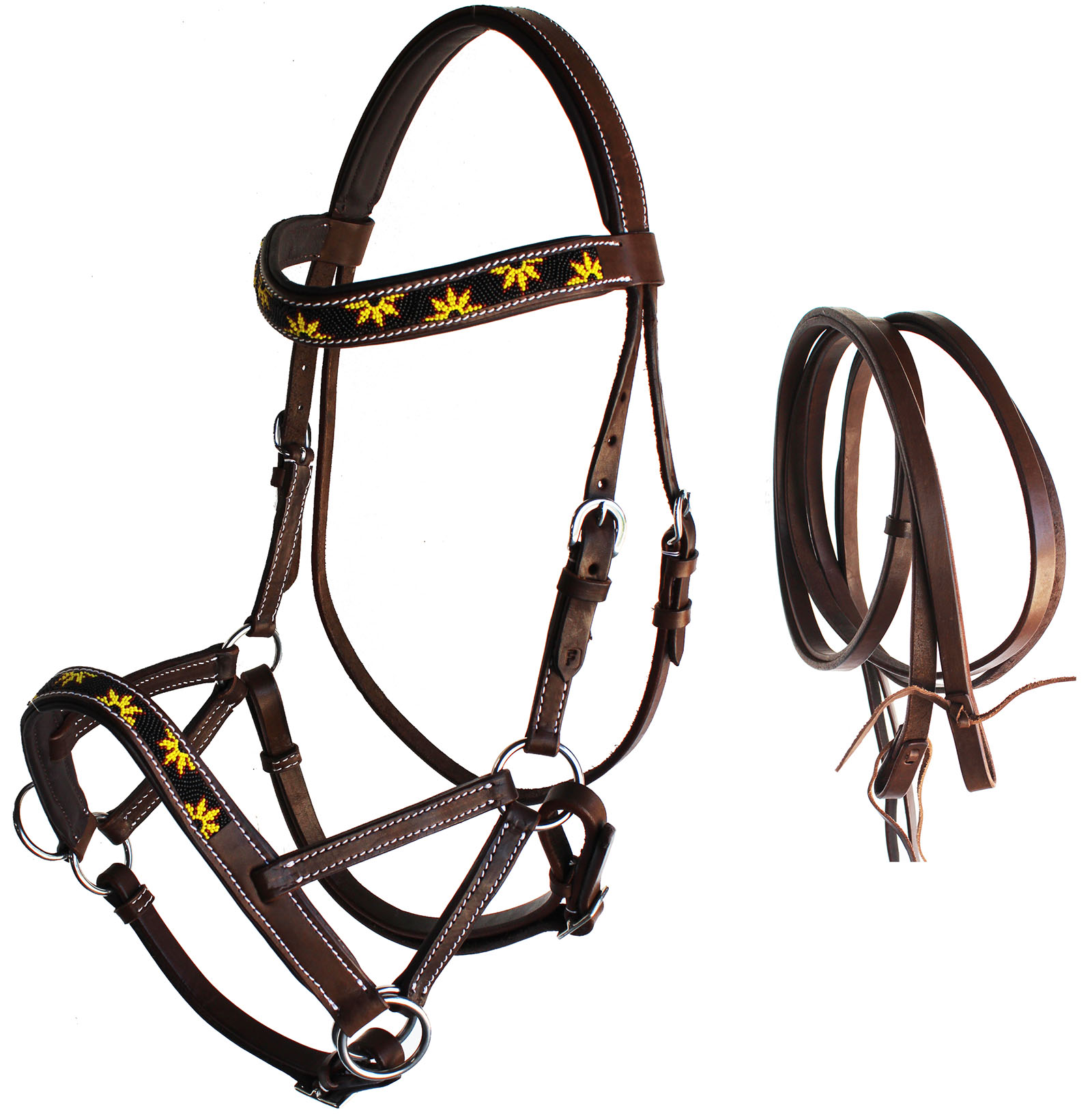 Horse Western Leather Beaded Bitless Sidepull Bridle Reins Sun Flower 77RS24