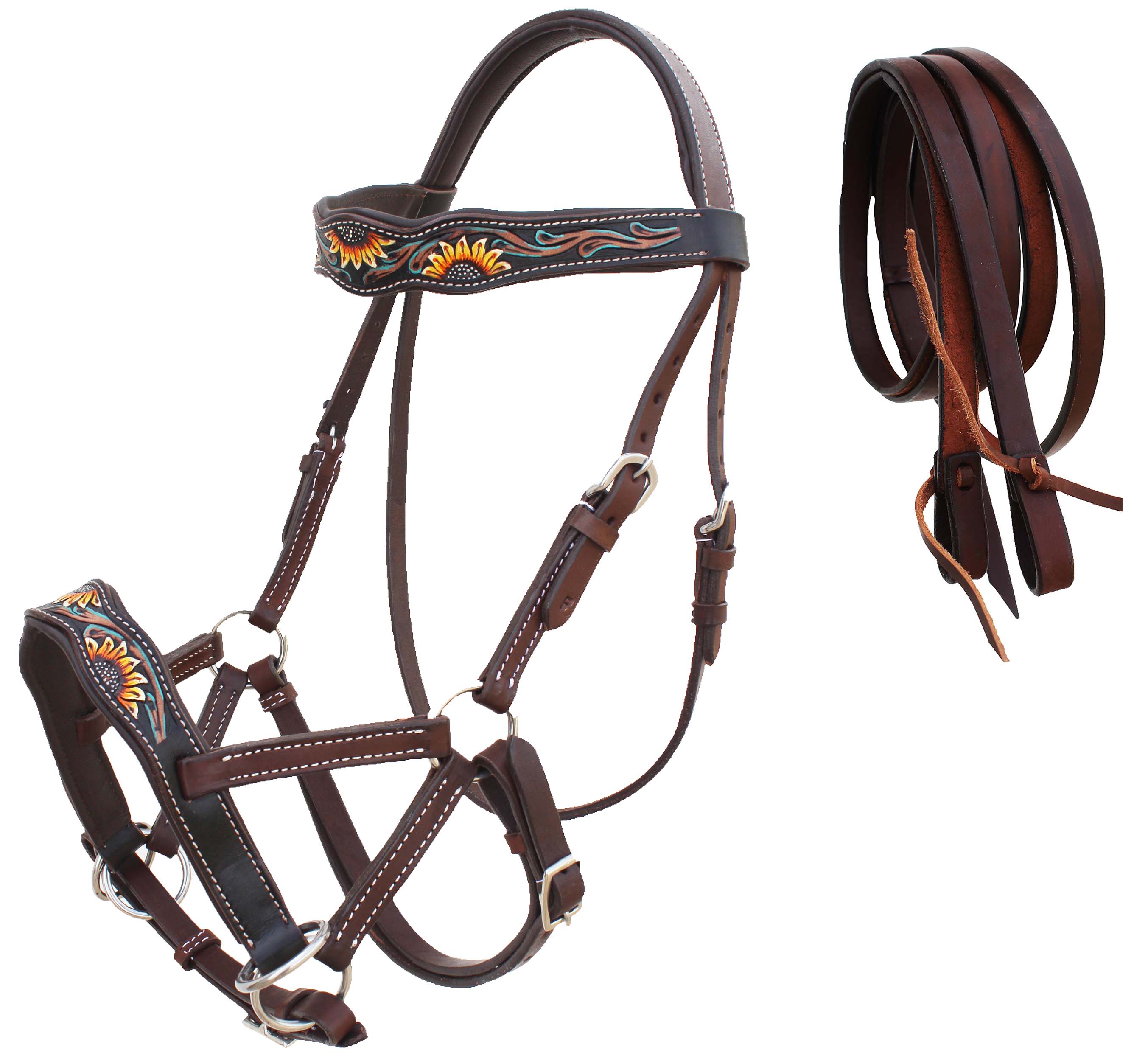 Horse Western Horse Leather Floral Tooled Bitless Sidepull Bridle Split Reins