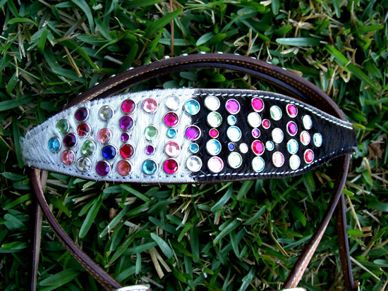 HORSE BRIDLE WESTERN LEATHER HEADSTALL RAINBOW CRYSTALS BLING RODEO 