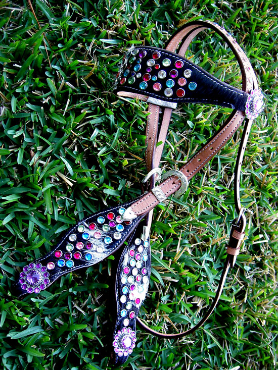 HORSE BRIDLE WESTERN LEATHER HEADSTALL RAINBOW CRYSTALS BLING RODEO 