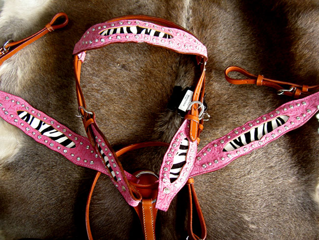 BRIDLE WESTERN LEATHER HEADSTALL ZEBRA BREAST COLLAR  