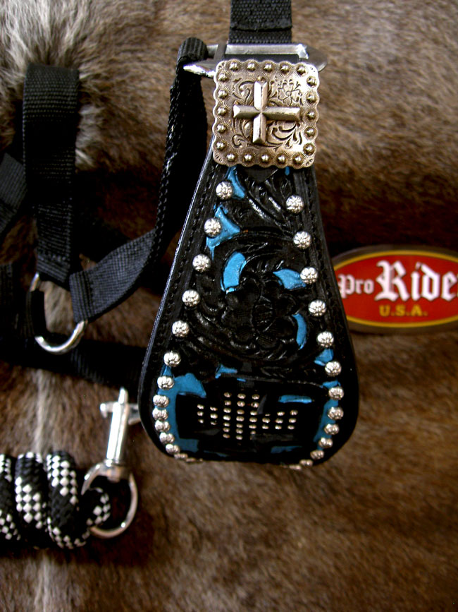 HORSE HALTER BRONC NYLON NOSE BAND CROSS BLACK TURQUOISE LEATHER TACK 