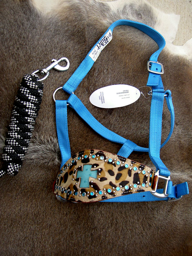 HORSE HALTER BRONC NYLON NOSE BAND BLING TURQUOISE LEOPARD CROSS ROPE 