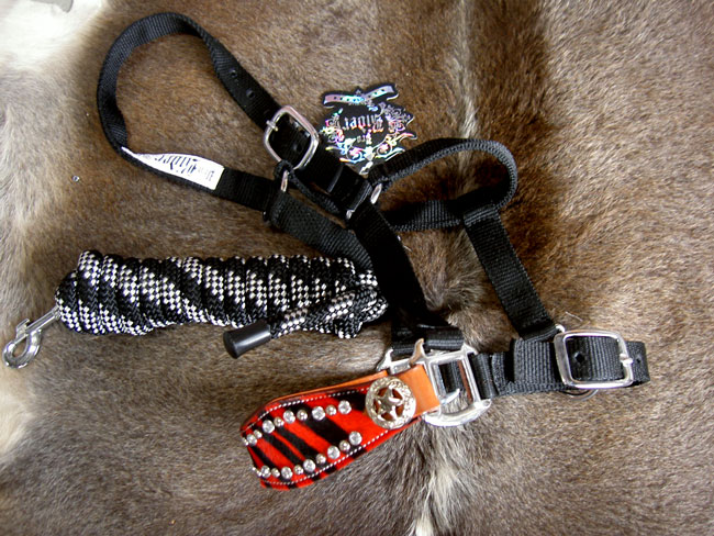 HALTER BRONC NYLON NOSE BAND RED ZEBRA TACK BLACK BLING  