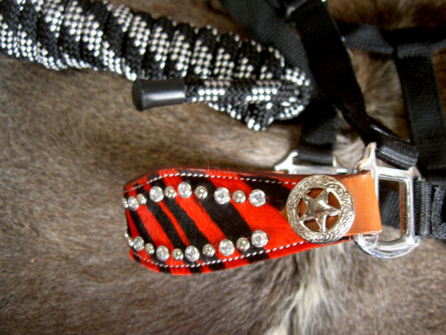 HALTER BRONC NYLON NOSE BAND RED ZEBRA TACK BLACK BLING  