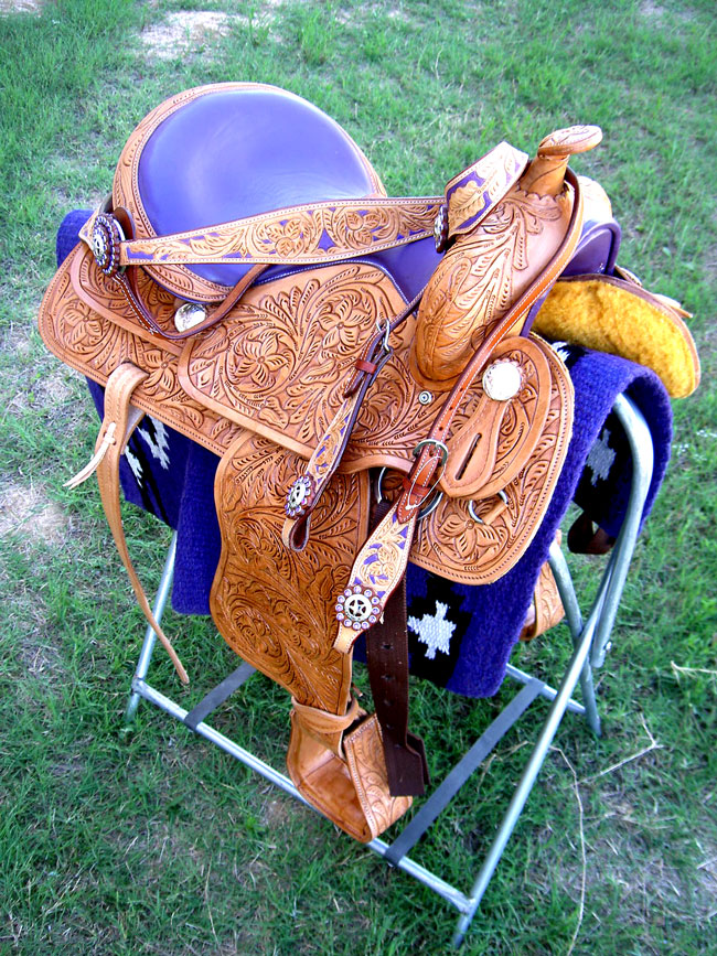 14 WESTERN LEATHER BARREL SHOW TRAIL SADDLE SET PURPLE  